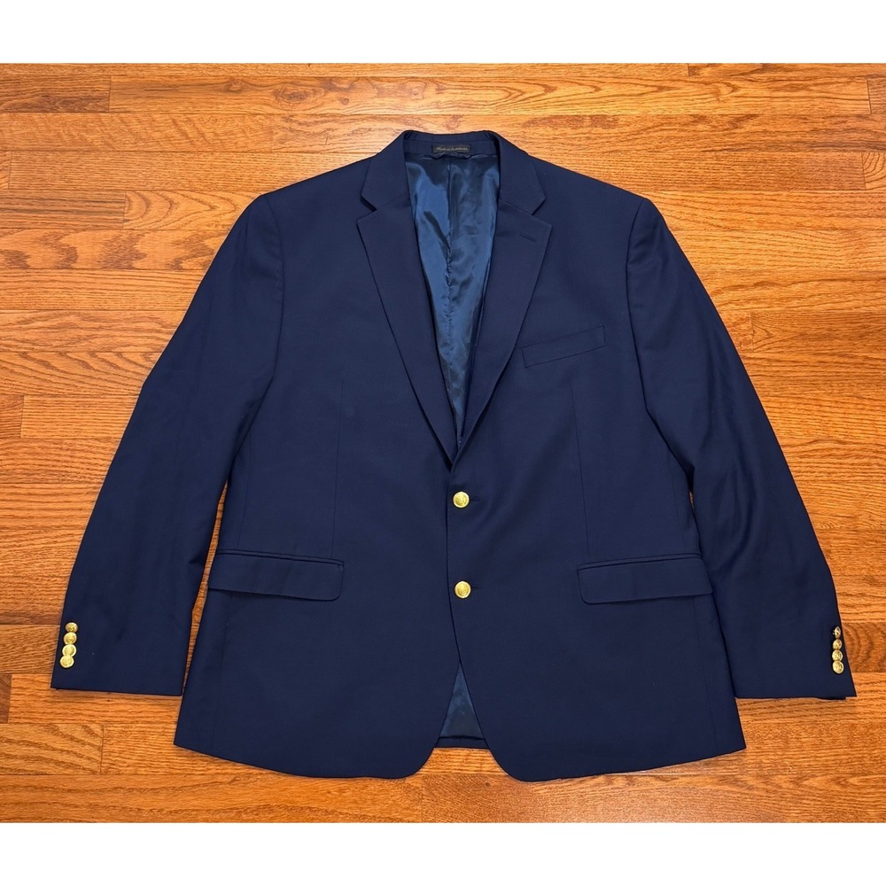 Lauren Ralph Lauren Blazer Mens 46R Wool Coolmax Stretch Navy Blue Gold Buttons
